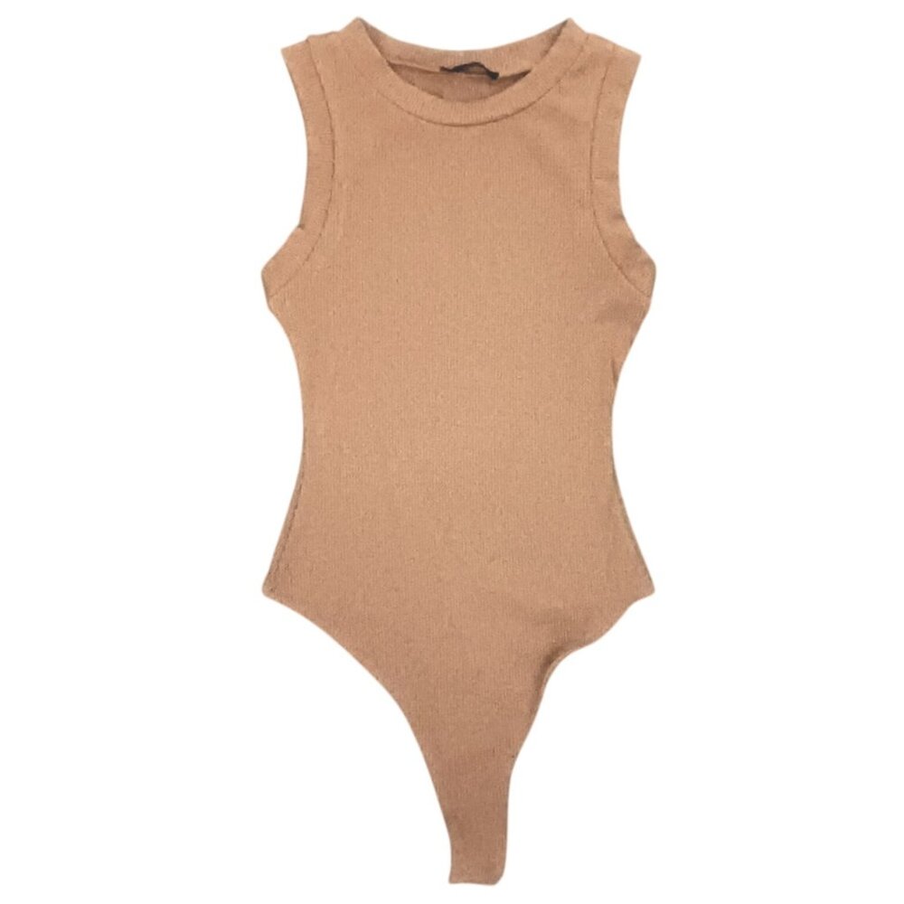 Naked Wardrobe Sleeveless‎ Tan Ribbed Thong Bodysuit Size S